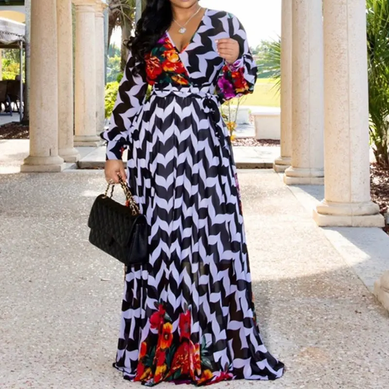 

Fashion Fall 2019 Stripe Floral Print Long Sleeve Chiffon Dress Women African V Neck Ladies Casual Boho Maxi Autumn Long Dress