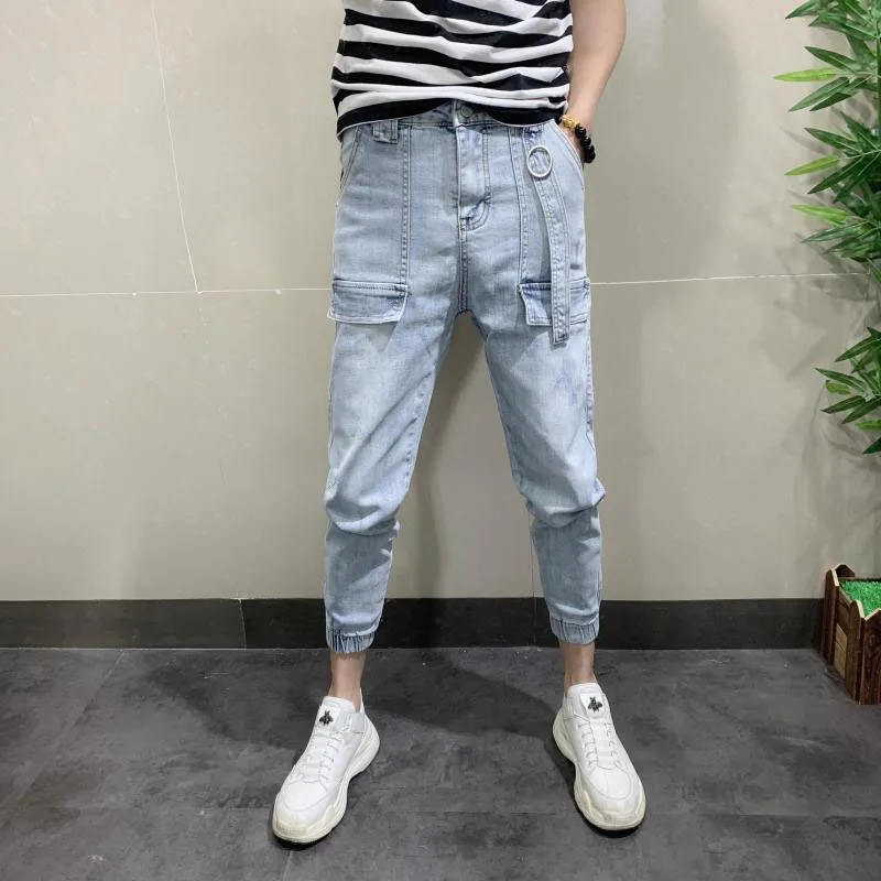 

Jeans super handsome pants male trendy men's slim beamed overalls spirit guy tide brand nine points small feet jeans men
