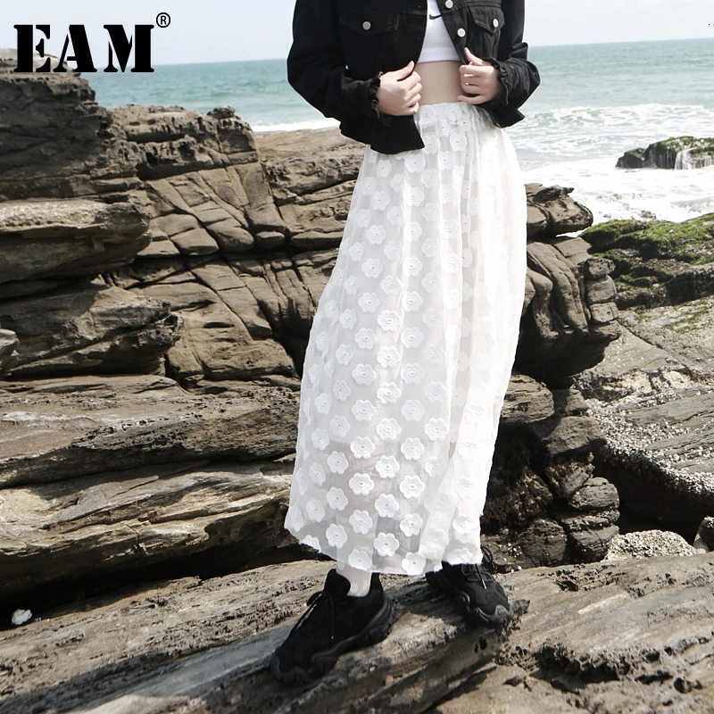 

[EAM] High Elastic Waist White Lace Split Joing Long Temperament Half-body Skirt Women Fashion Tide New Spring Autumn 2019 1D840