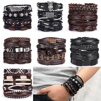 

Hot selling retro men's cool hand accessories 5-piece combination cross knitting owl Leather Adjustable suit Bracelet wholesale
