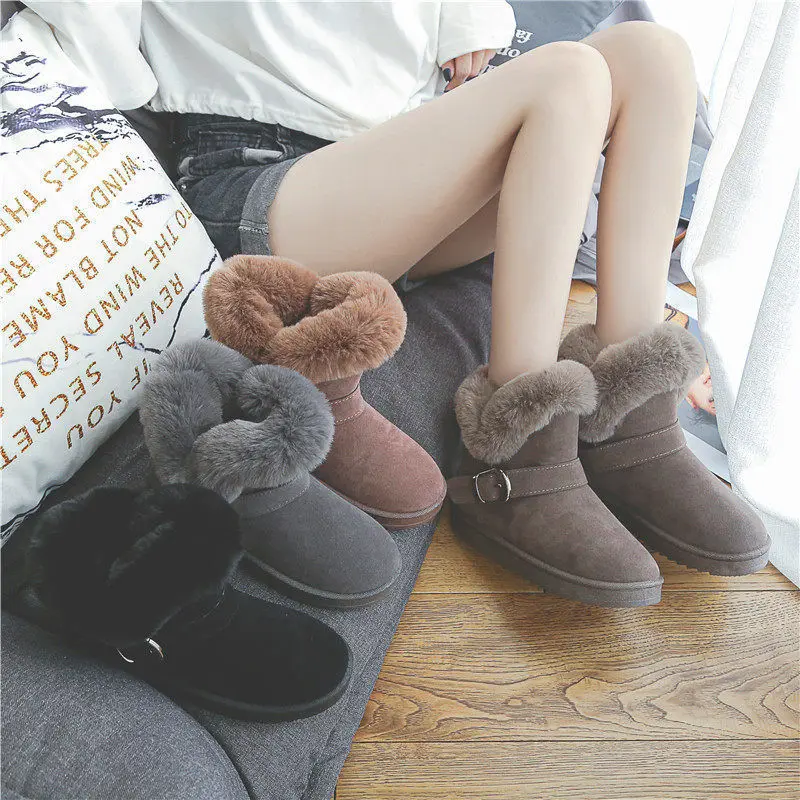 

2020 Flock Women Boots Female Winter Boots Warmer Plush Fur Suede Flat Slip On Ankle Snow Boots Women's Shoes Fashion Platform