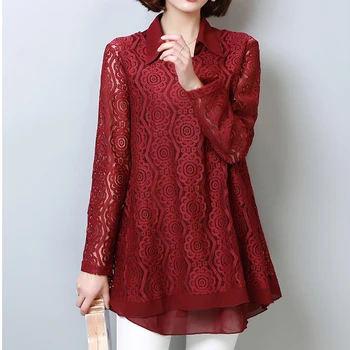 

JUAYKALA Plus Size 5XL Lace Blouse Fashion Women's Blouses Shirt Spring New Chiffon Loose Long Sleeve Two Sets Shirts Ladies