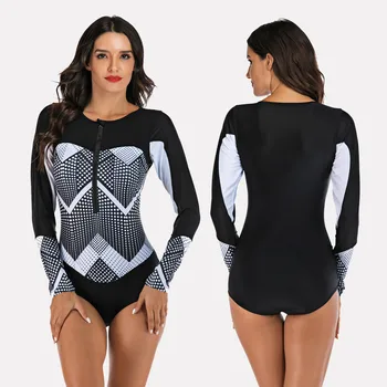 

Womens Long Sleeve Printing One-Piece Diving Surfing Swimwear Female Zipper Sport Suit Swimming Bodysuit Swimsuit Beachwear #GH