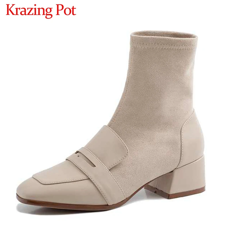 

Krazing Pot popular cow leather stretch flock preppy style square toe med heels winter leisure solid keep warm ankle boots L00