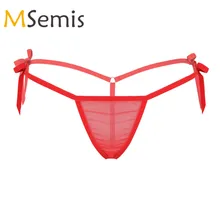 Women's Swimsuit Mesh Lingerie Underwear See Through Sheer Low Rise Tie-Side T-Back Mini G-String Thong Bikini Briefs Underwear
