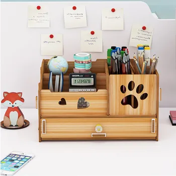 

Wooden Desk Organizer Multi-Functional DIY Pen Holder Box Desktop Stationary Home Office Supply Desktop Storage Rack with Drawer