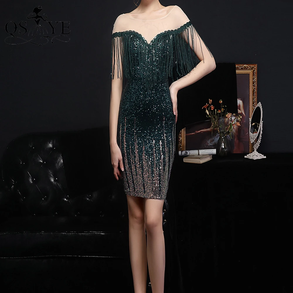 

Green Tassels Prom Dresses Fading Sequin Long Evening Gown Dropping Tassel Cap Sleeves Formal Dress Scoop Emerald Women Gown