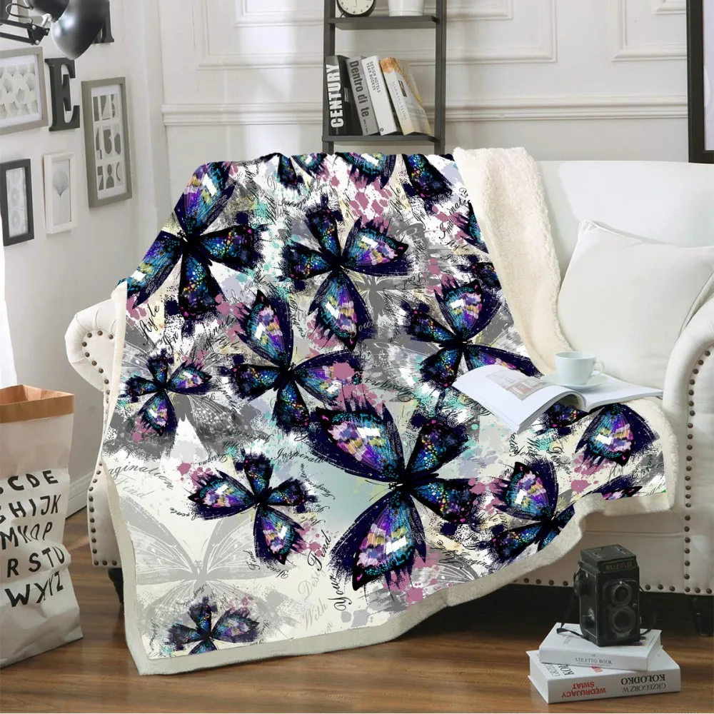 

Cartoon Insect Floral Plants Blanket for Kid Butterfly Animals Sherpa Fleece Blanket Sofa Warm Thick Blanket Winter Home Blanket