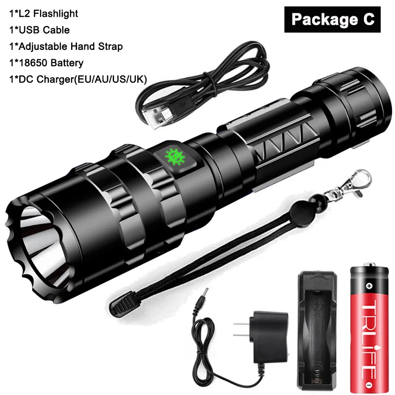 Package C Самый мощный светодиодный тактический светильник-вспышка ультра яркий USB Перезаряжаемый водонепроницаемый Скаут светильник фонарь охотничий светильник 5 режимов 1*18650 - Испускаемый цвет: Package C