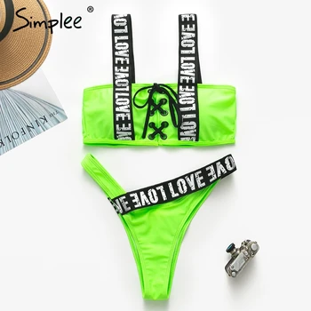 

Simplee Sexy push up two-piecebikini set women padded playsuit Summer beach bathing suit Black lace up swimsuit casual swimwear