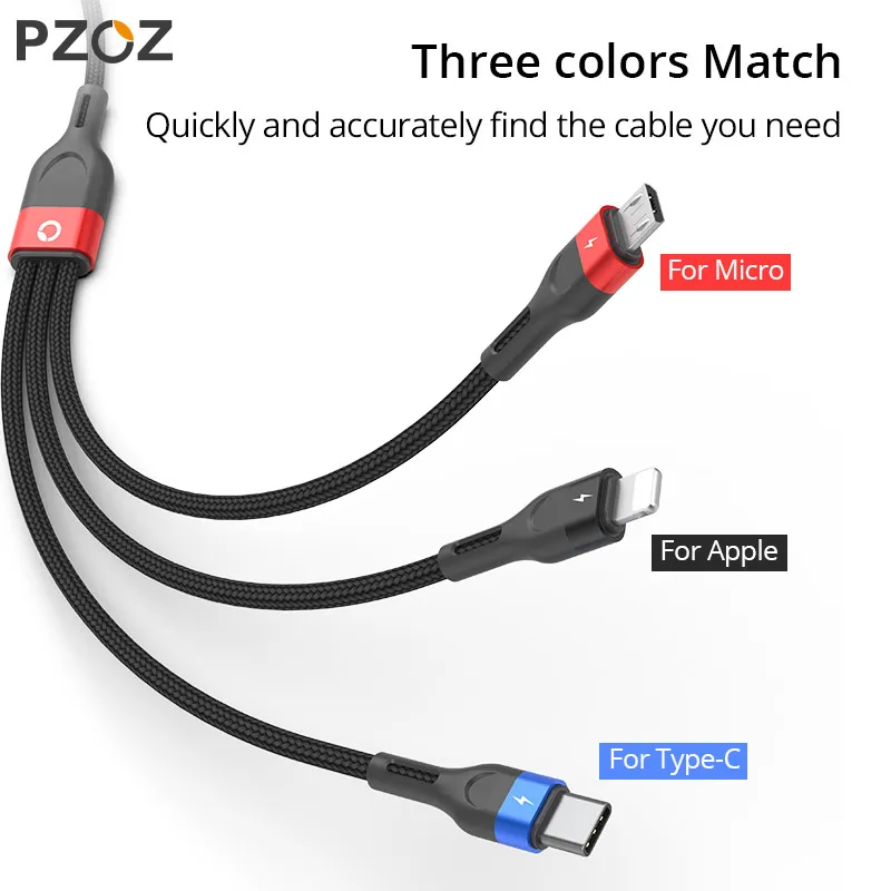 PZOZ 3 в 1 USB кабель для iphone Xiaomi Sunung Micro usb type C кабель для зарядного устройства type-c кабель для быстрой зарядки кабель для зарядного устройства