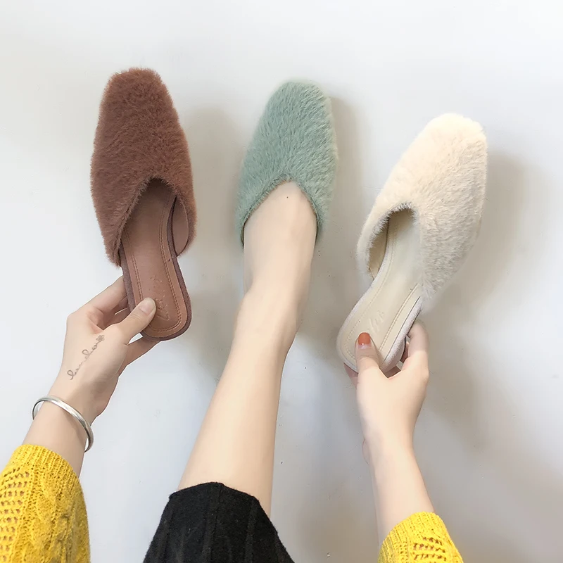 

Square heel Slippers Platform Cover Toe Shoes Women Heeled Mules Pokemon Plush Slides Flock Loafers Low Block Soft Fur