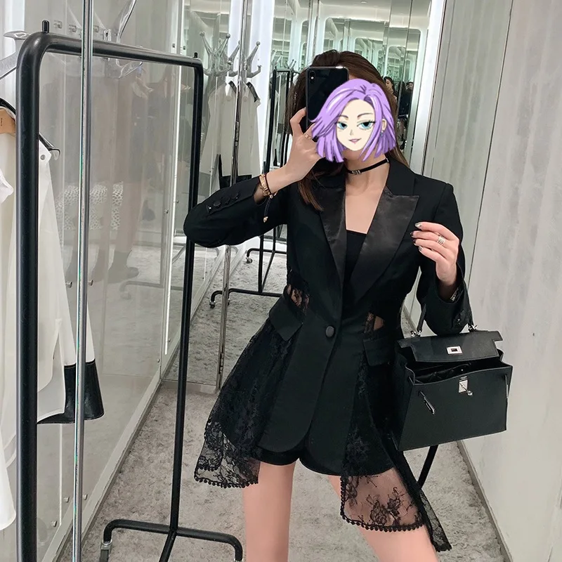

Women's Black Suit of 2019 Early Autumn Sexy Lace Stitching Perspective Small Black Suit Coat Women