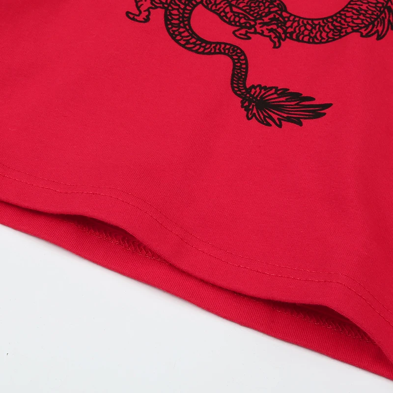 Waatfaak Дракон печати китайский стиль укороченный топ футболка осень красный черный лоскутное футболка с длинным рукавом Женская мода Повседневная футболка