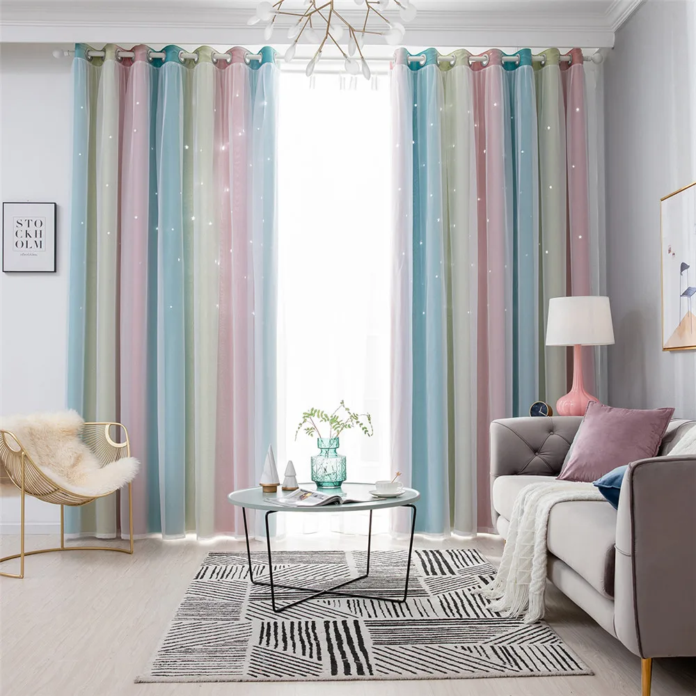 Shiny Star Blackout Curtains for Bedroom Kids Girls Living Room Pink Colorful Double Gradient Window Home Decor Drape | Дом и сад
