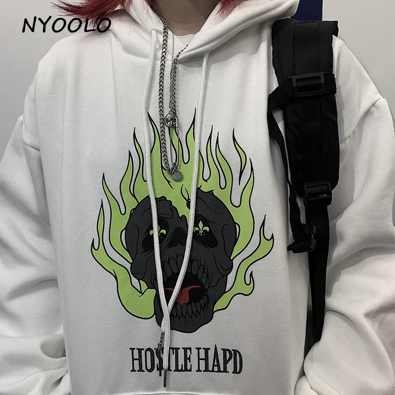 NYOOLO Harajuku уличная флуоресцентная Пламя Череп печати плюс бархат теплые толстовки осень зима пуловер с капюшоном Толстовка для женщин и мужчин