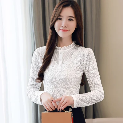Осень-зима, утолщенная блузка, рубашка, элегантные женские блузки, белые, черные, кружевные, с длинным рукавом, для офиса, женские рубашки, Blusas Femininas - Цвет: White
