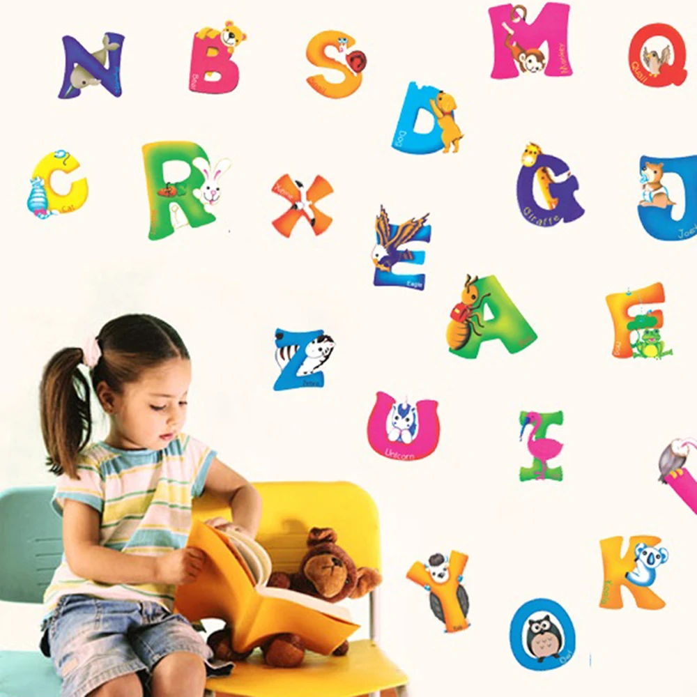 2019 new cartoon animal english alphabet wall stickers for kids