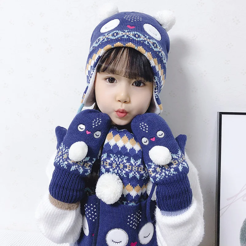 

Girl Hat Scarf Glove Set Winter Earflap Beanie Fleece Warm Three Pieces Thick Autumn Skiing Outdoor Accessory Toddler Baby