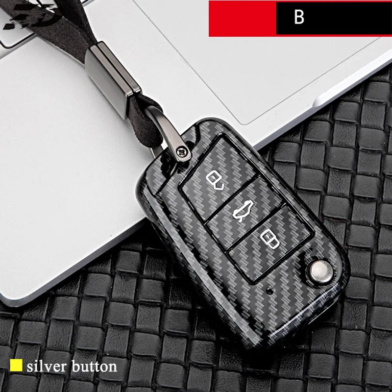 Carbon Fiber Car Key Remote Case Cover Holder Case For Volkswagen VW Golf 7 passat b6 mk7 Seat Ibiza Leon Altea Aztec For Skoda - Название цвета: B Silver Button