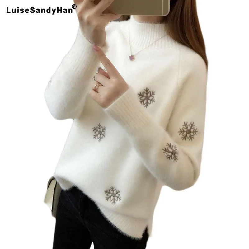 mitation velvet autumn and winter new snowflake loose versatile pullover sweater bottoming shirt half-neck women | Женская одежда