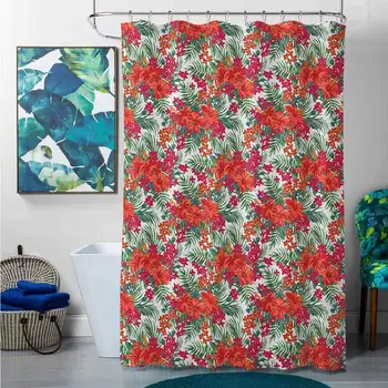 

Shower Curtains Clear Luau,Blooming Hibiscus and Wildflowers Monstera Palm Leaves Tropical Foliage Jungle, Red Green Magenta,W36
