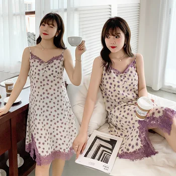 

Plus Size 100kgs Women Sleeveless Print Nightdress Sexy Slip Summer Floral Lace Stitching Home Split Floral Nightgown Big Yards