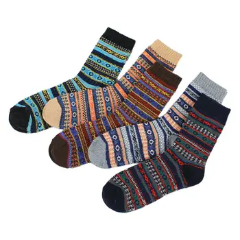 

5 Pairs Mens Vintage Faux Wool Knit Crew Socks Color Block Stripes Warm Hosiery C6UD