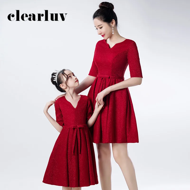 

Burgundy Solid A-Line Parent-chid Party Dress DB121 Knee-Length Elegant Prom Gowns V-Neck Half Sleeve Mom and Daughter Vestidos