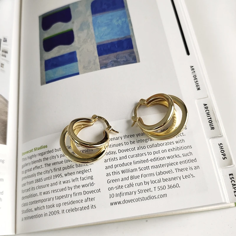 SUNIANGON 3-round Overlapping Earrings 100% 925 Sterling Silver Women Gold Earring Ear Buckle Hoops Premium Luxury | Украшения и