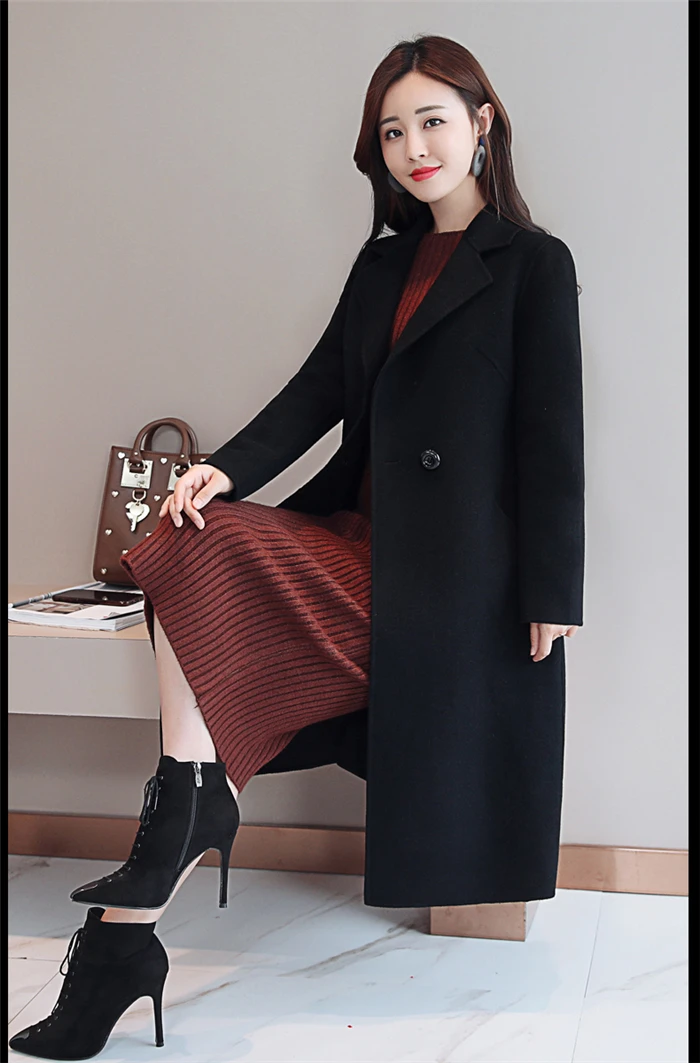 Women Woolen Coat Autumn Winter New Double-breasted Long Sleeve Loose Coats Turn-Down Collar Outwear Plus Size S~3XL