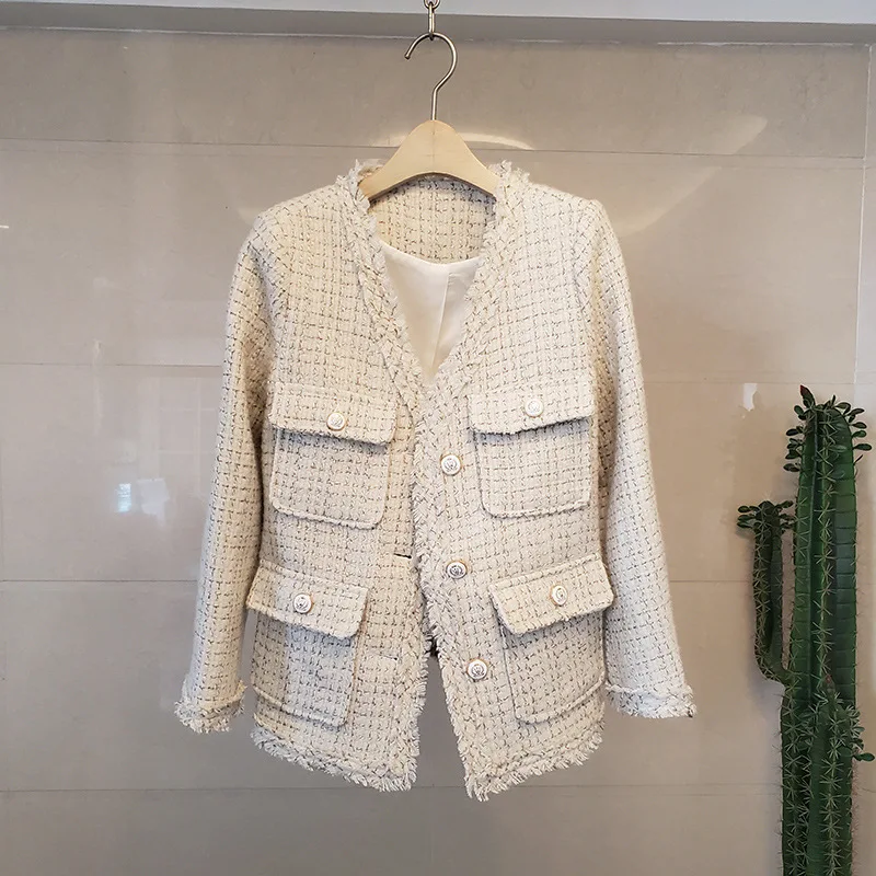 

2019 Autumn New Style Korean-style Graceful Pocket Tops Tweed Weaving Tassels Edge Ladies' Wool Coat Women's