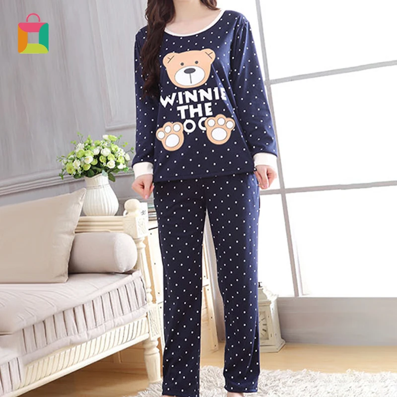 

Female cartoon bear wave dot long-sleeved trousers home service suit spring, autumn and winter thin and cute Glittery