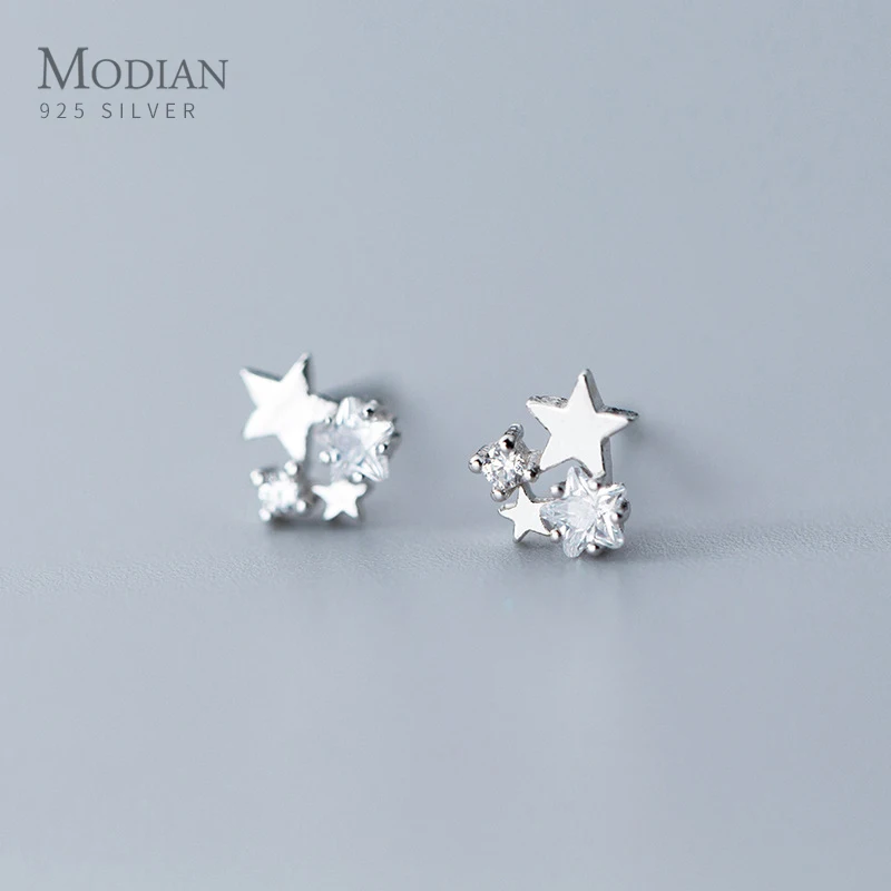 Modian New 100% Real 925 Stelring Silver Charm Stars Clear Zircon Stud Earrings Pin For Women  925 Sterling Silver Jewelry Gift