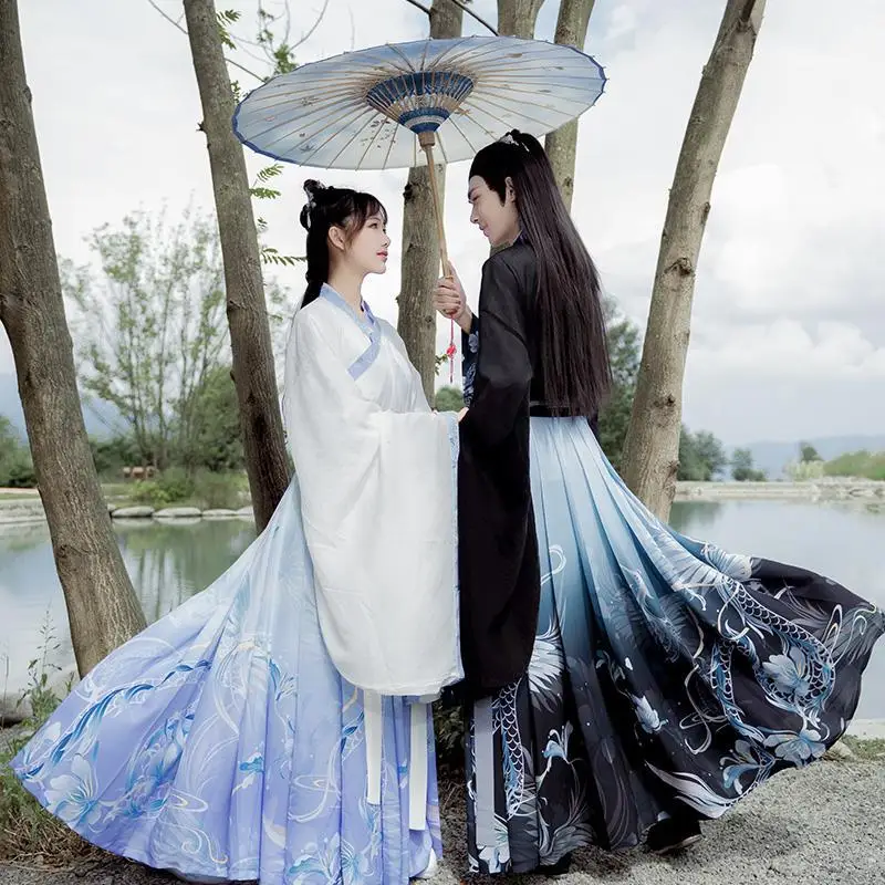 Men Women Couples Matching Clothing Set Ancient Tang Cosplay China Style Couple Outfits Hanfu Student Flower Embroidery Dress