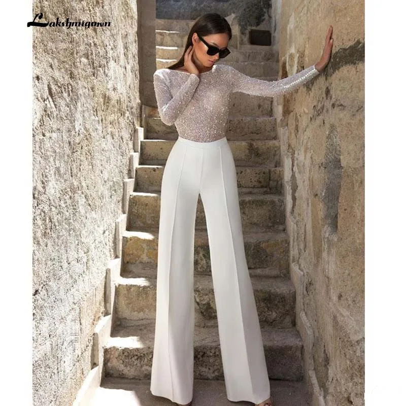 Jumpsuit Wedding Dresses Sheath Jewel Neck Bling Bling Sequins Long Sleeve Bridal Gowns Wedding Dress Vestido De Noiva 3