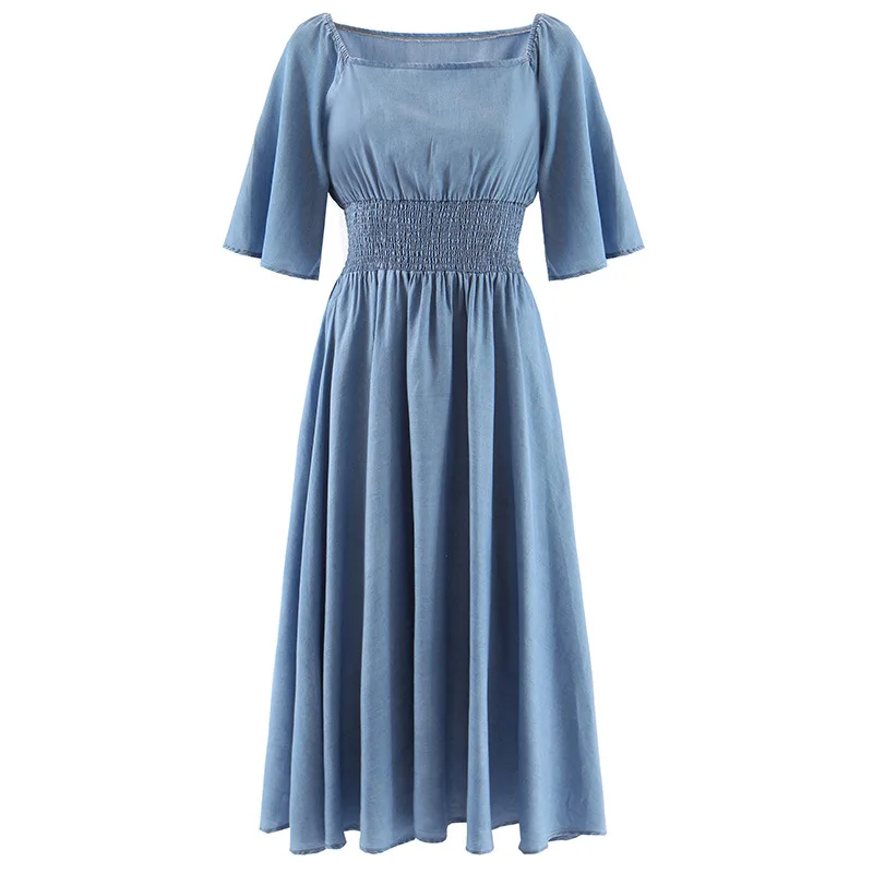 

Women Elegant Vintage Draped A Line Midi Denim Dress Short Flare Sleeve Elastic Waist Pleated Casual Female Dresses Vestidos