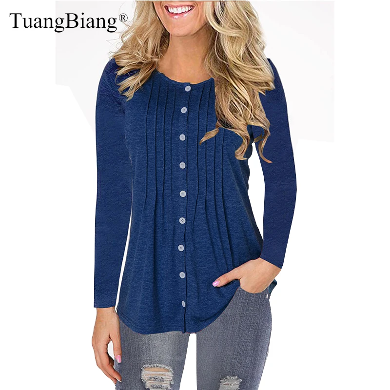 

Autumn Winter Solid Color Women T Shirts 2019 O-Neck Draped Ladies fashion t-shirts femme Full sleeve Plus Size Button lady Tops