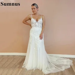 Sumnus Lace Mermaid Wedding Dresses 2022 Spaghetti Strap Soft Tulle Backless Bridal Gowns Sleeveless Country Wedding Gown