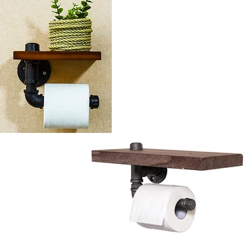 

Bathroom Hotel Roll Paper Tissue Hanging Rack Wooden Shelf Holder Bathroom Shelves Industrial Retro Iron Toilet Paper Holder
