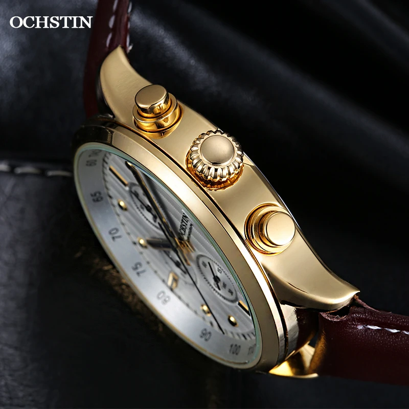 OCHSTIN Fashion Mens Sport Watches Silver White Top Brand Luxury Casual Chronograph Quartz Leather Wrist Watch 2020 New Clock
