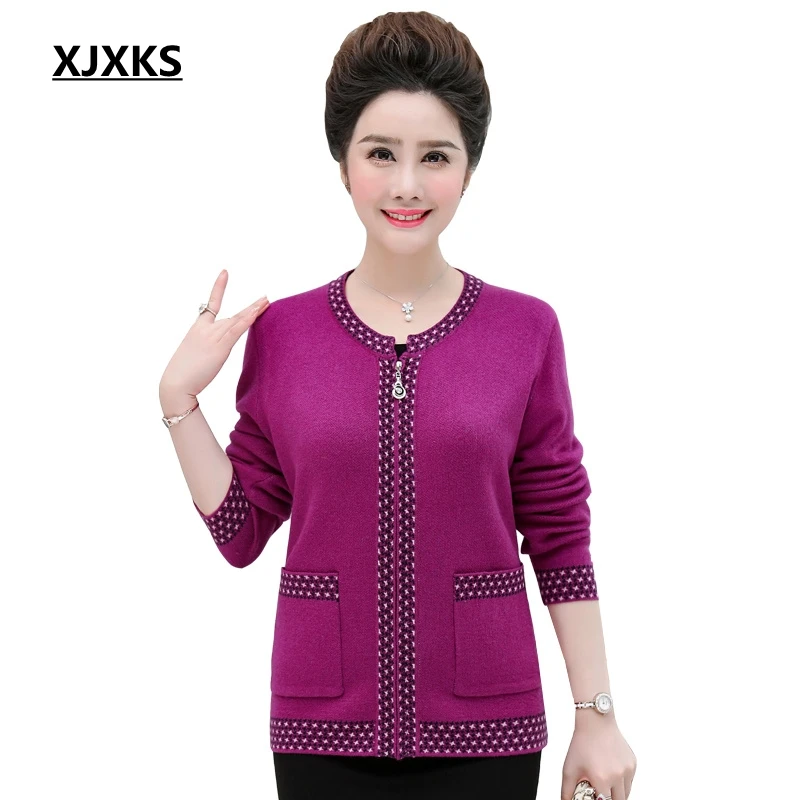 

XJXKS Cashmere Cardigan Coat New 2019 Autumn Zipper O Neck Cardigan Women Plus Size Thick Outwear Knitted Sweater With Pocket