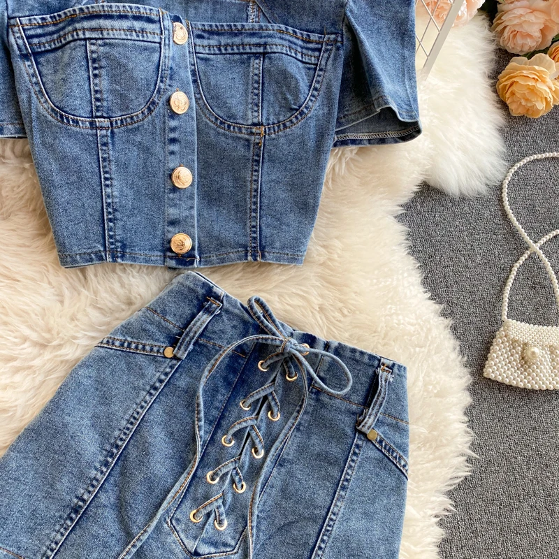 Amolapha Women Hollow out Jeans+Skirts Sets Short Sleeve Tank Tops Laced Denim Skirt Suits for Woman