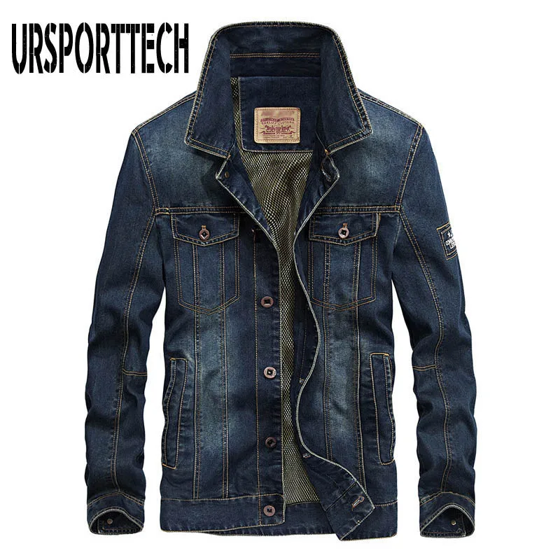 URSPORTTECH Denim Jackets Men Coat Dark Blue Casual Teens Denim Jacket Cotton Turn-down Collar Long Sleeve Denim Bomber Jackets - Цвет: Dark Blue