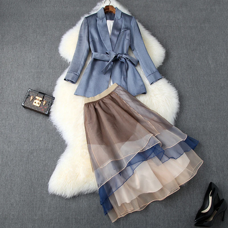 

Skirt Suits 2019 Women Autumn Winter New Lace-up Waist bow Small Blazer Jacket + Elastic Waist Organza Cake Skirt Sets Female