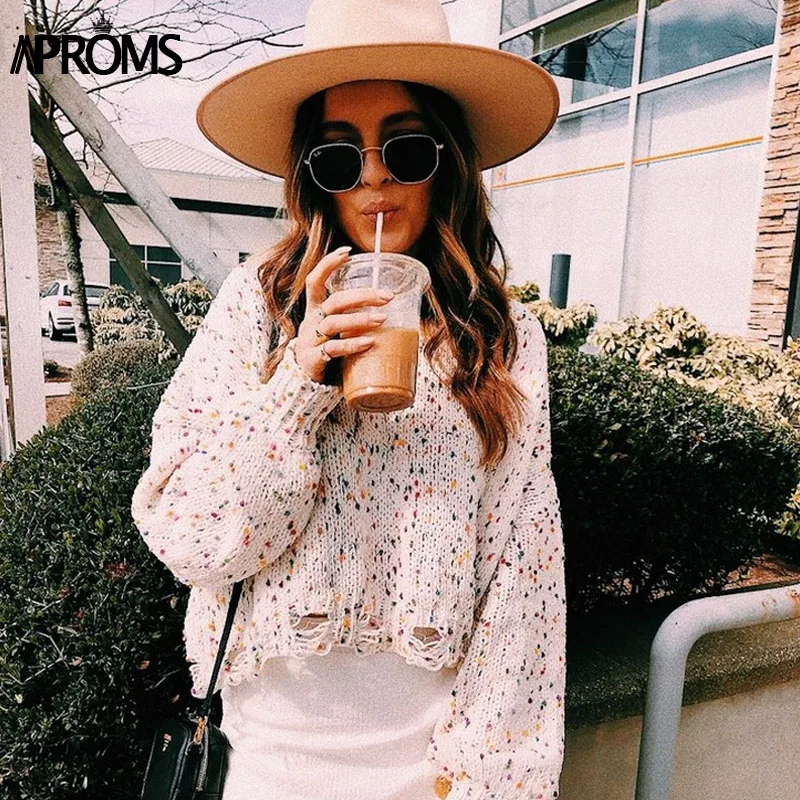 

Aproms Colorful Ball Tassel Knitted Pullovers Female Autumn Winter Pink Long Sleeve Knit Crochet Sweaters Women Cropped Jumper