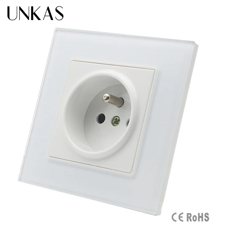 

UNKAS Hot Sale White Crystal Glass Panel, AC 110~250V 16A New Outlet,French Standard Wall Power Socket, GB-C7C1FR-1,