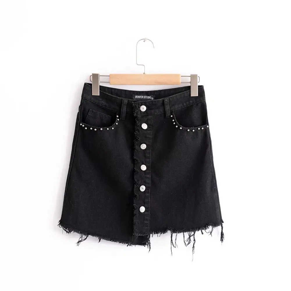 

2018 Western Style Spring And Summer WOMEN'S Dress New Style Rivet Feathering Single Breasted Denim Skirt