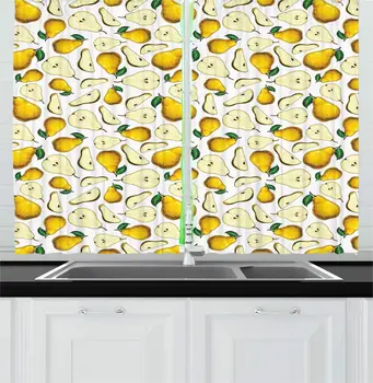 

White Earth Yellow and Green Fruits Kitchen Curtains Hand Drawn Like of Full and Sliced Pieces of Pears Window Drapes