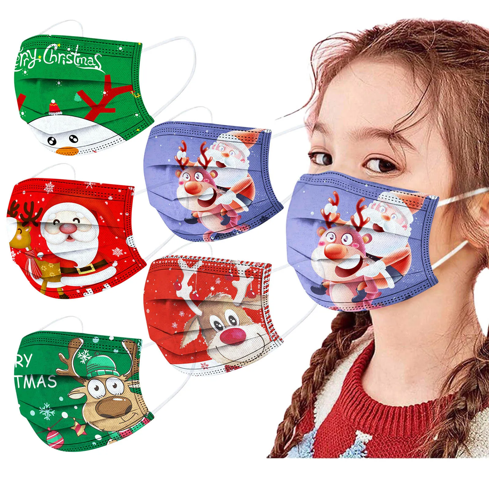 50pcs Kids Christmas Disposable Face Masks For Child Winter 3ply Filter Santa Claus Reindeer Pattern Mask New Year | Красота и